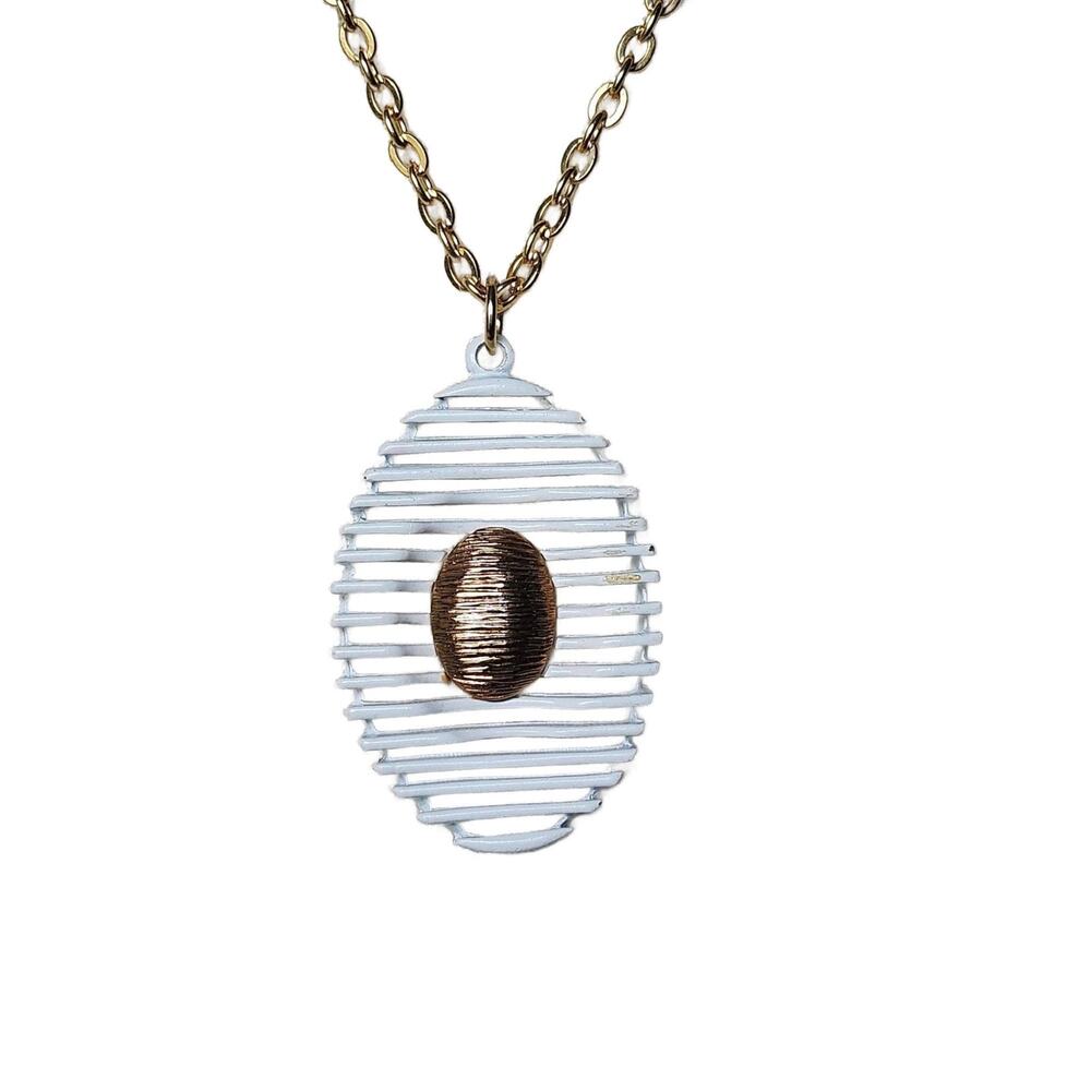 Vintage White and Gold Openwork Round Pendant Necklace, Jonette, 1970s
